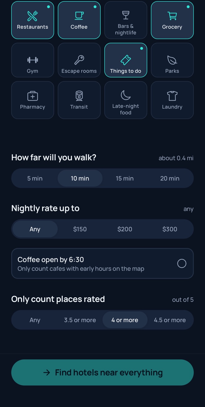 Choosing categories and a walk budget