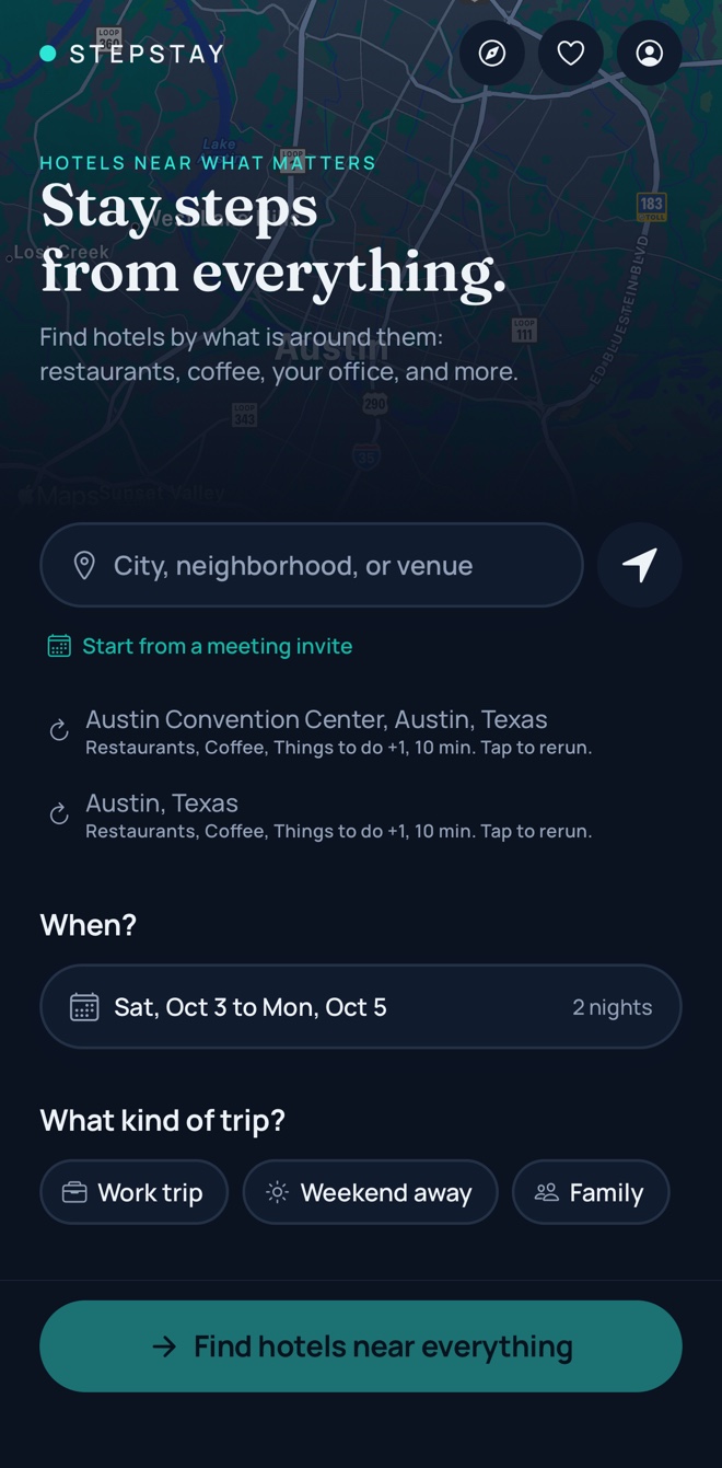 Stepstay search screen