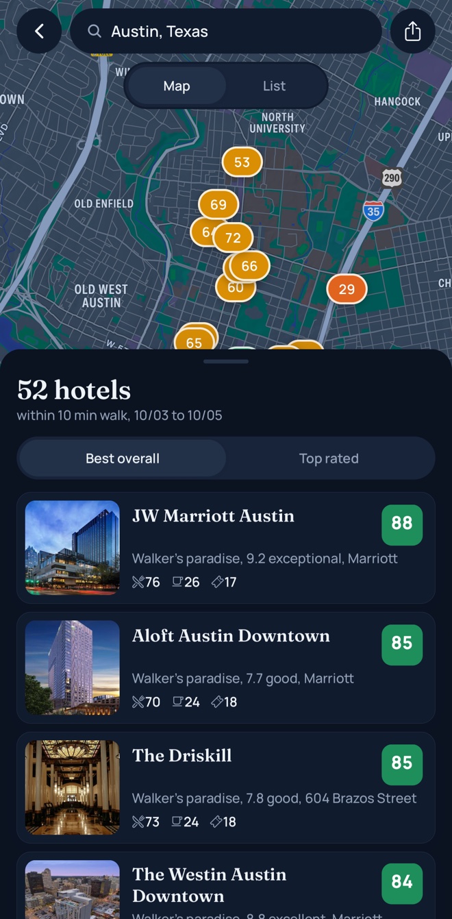 Map of scored hotels